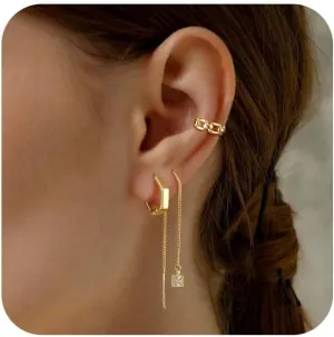 Gold Chain Earrings for Women Dainty Gold Threader Dangle Earrings 14K Gold Plated Cartilage Earrings Set Trendy Hypoallergenic Stack Cubic Zirconia Stud Earrings Long Drop Earrings Jewelry