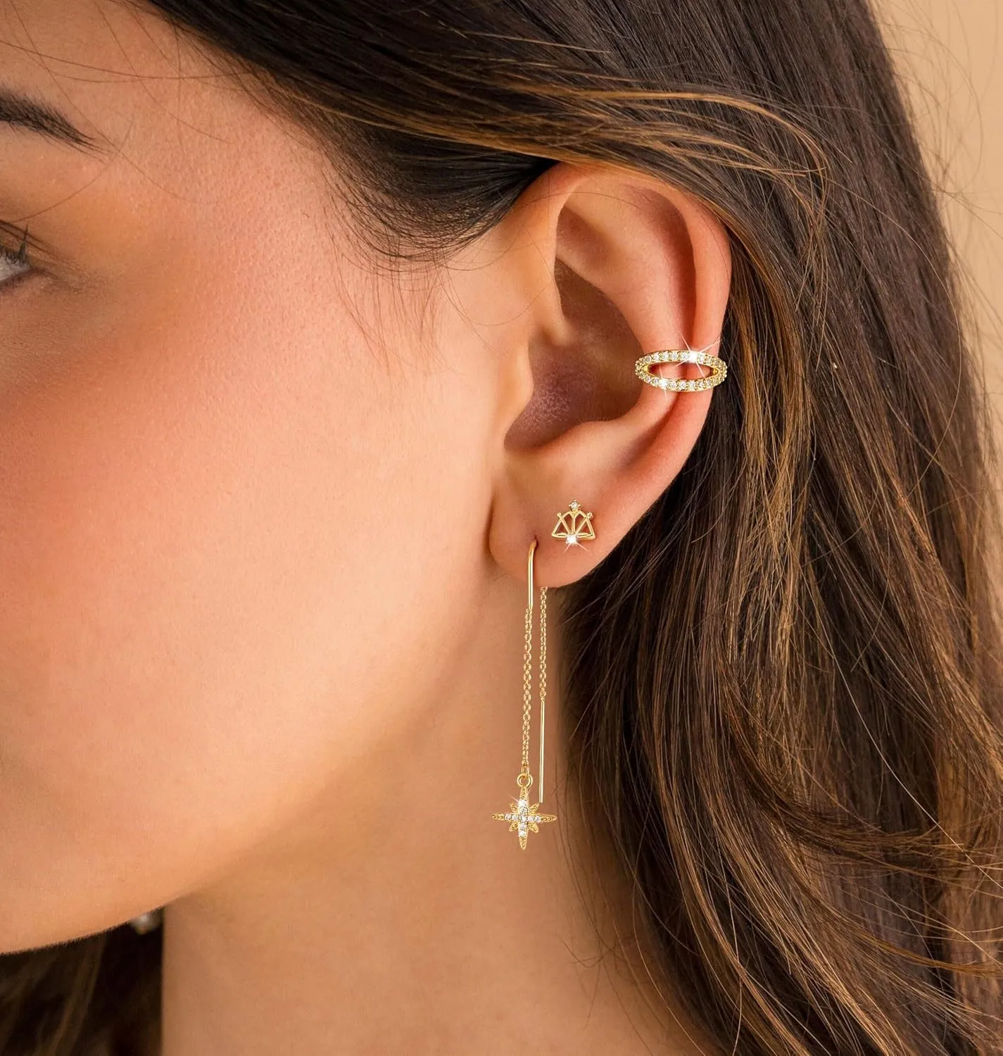 Gold Chain Earrings for Women Dainty Gold Threader Dangle Earrings 14K Gold Plated Cartilage Earrings Set Trendy Hypoallergenic Stack Cubic Zirconia Stud Earrings Long Drop Earrings Jewelry