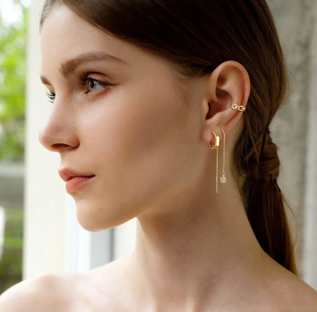 Gold Chain Earrings for Women Dainty Gold Threader Dangle Earrings 14K Gold Plated Cartilage Earrings Set Trendy Hypoallergenic Stack Cubic Zirconia Stud Earrings Long Drop Earrings Jewelry