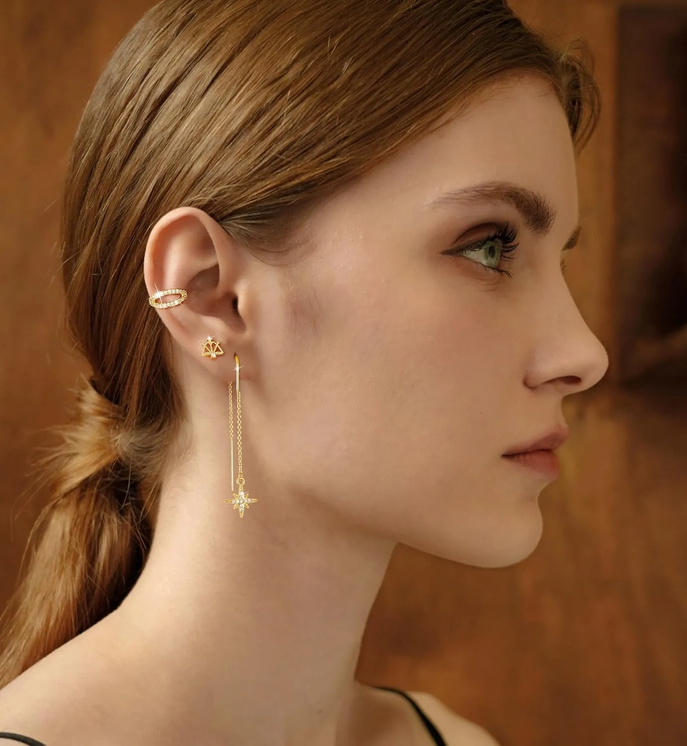 Gold Chain Earrings for Women Dainty Gold Threader Dangle Earrings 14K Gold Plated Cartilage Earrings Set Trendy Hypoallergenic Stack Cubic Zirconia Stud Earrings Long Drop Earrings Jewelry