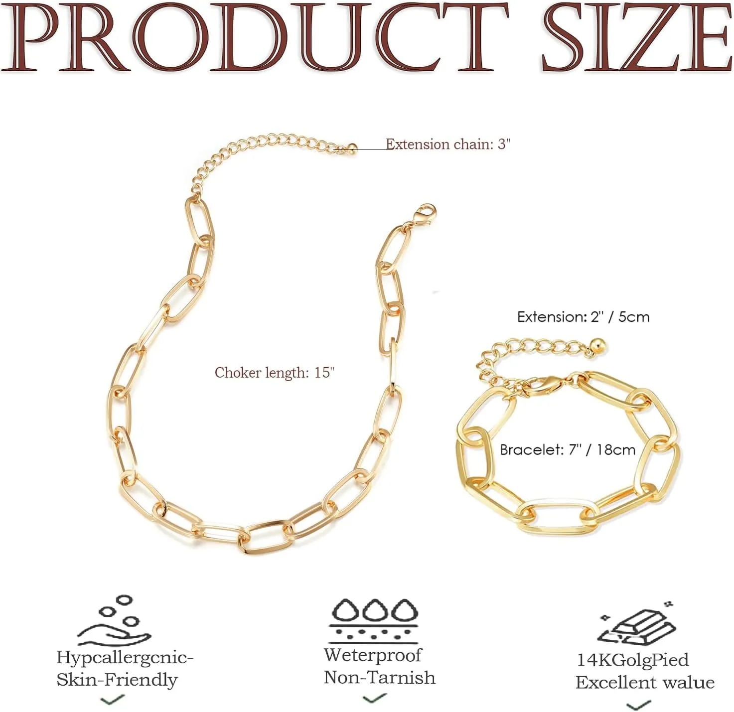Gold Chain Necklace and Bracelet Set for Women Dainty Chunky Paperclip Link Layered Jewelry Eco Friendly Gold Plated Metal