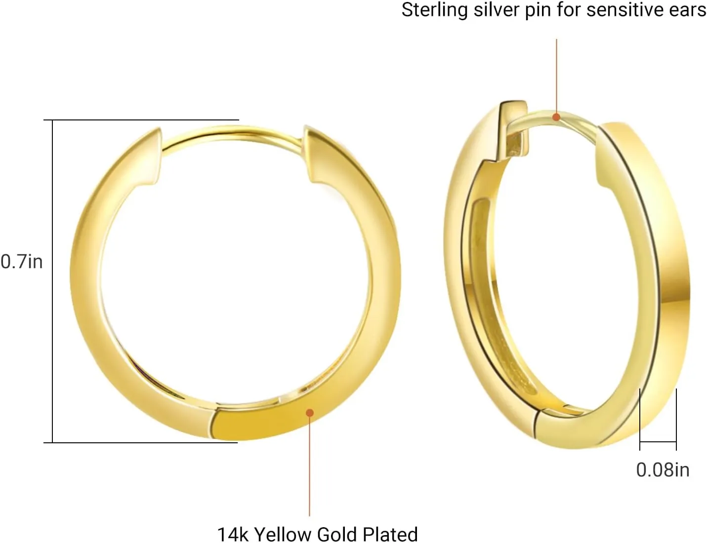 Gold CZ Huggies Earrings for Women and Men, 14K Yellow Gold Plated Piercing Hoop Earrings with S925 Sterling Silver Pin