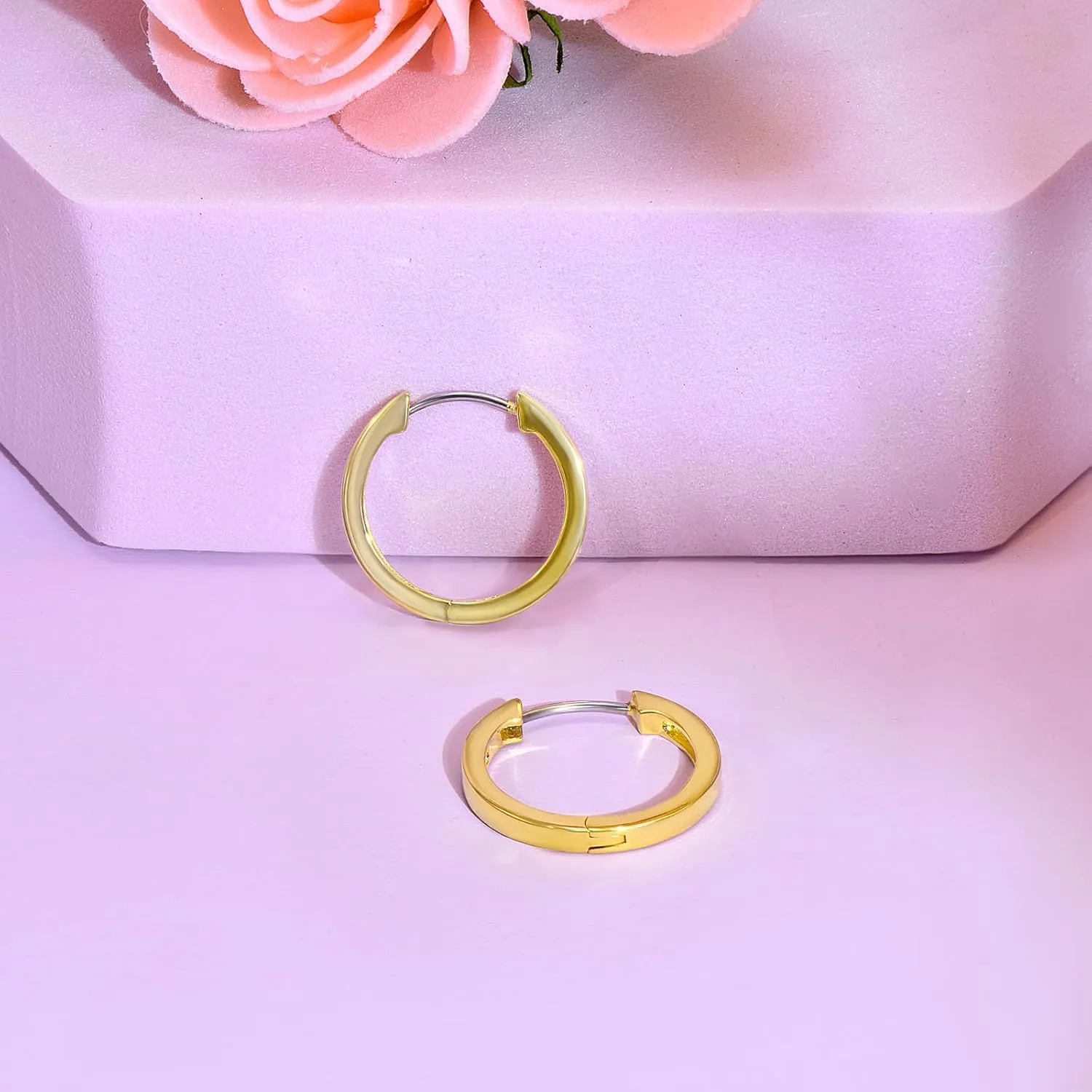 Gold CZ Huggies Earrings for Women and Men, 14K Yellow Gold Plated Piercing Hoop Earrings with S925 Sterling Silver Pin