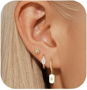 Gold Dangle Earrings Set For Women,14k Gold Plated Square Hoop Earrings Stack,Trendy Earring Sets For Multiple Piercing,Dainty Non Tarnish Star Stackable Earring Jewelry For Sensitive Ears