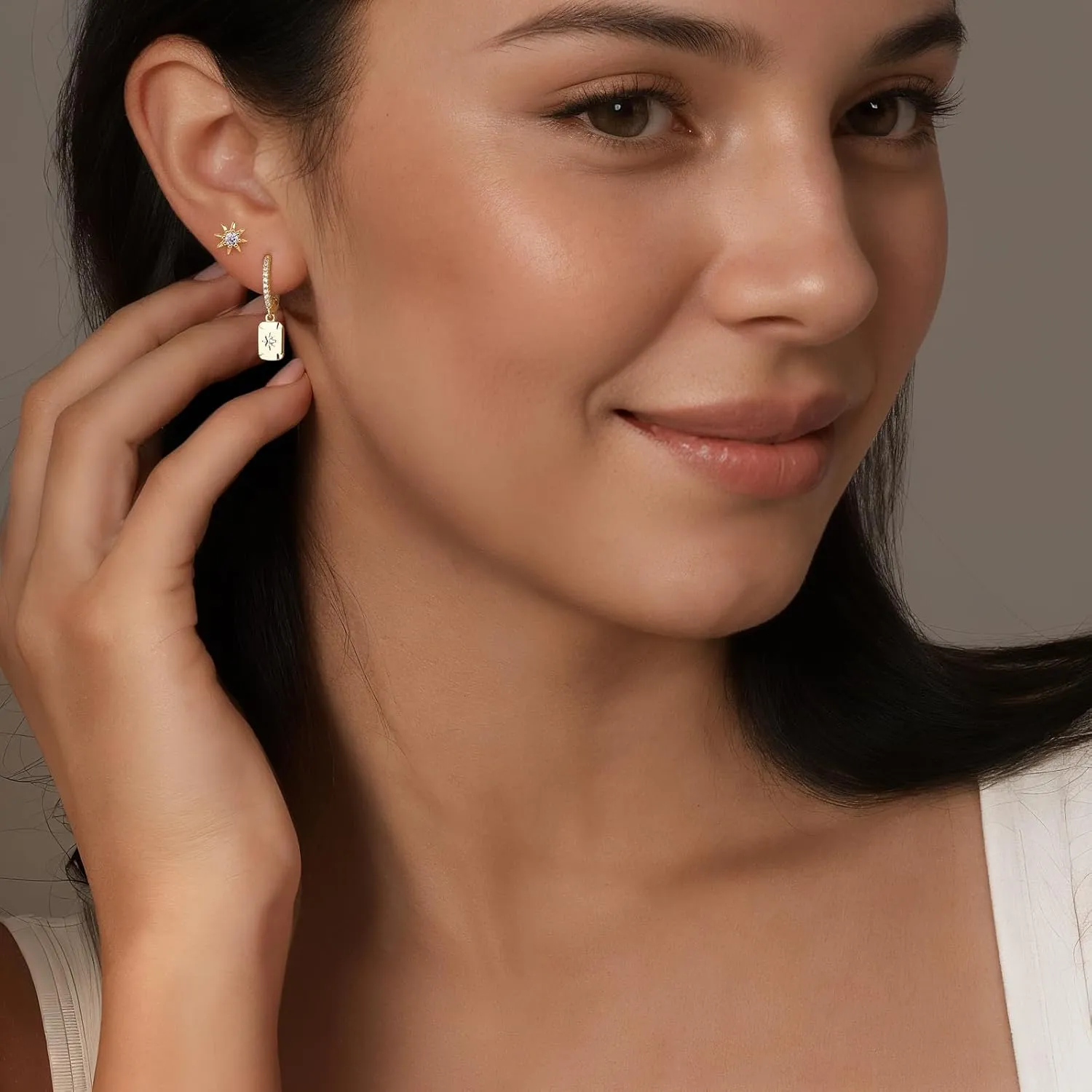 Gold Dangle Earrings Set For Women,14k Gold Plated Square Hoop Earrings Stack,Trendy Earring Sets For Multiple Piercing,Dainty Non Tarnish Star Stackable Earring Jewelry For Sensitive Ears