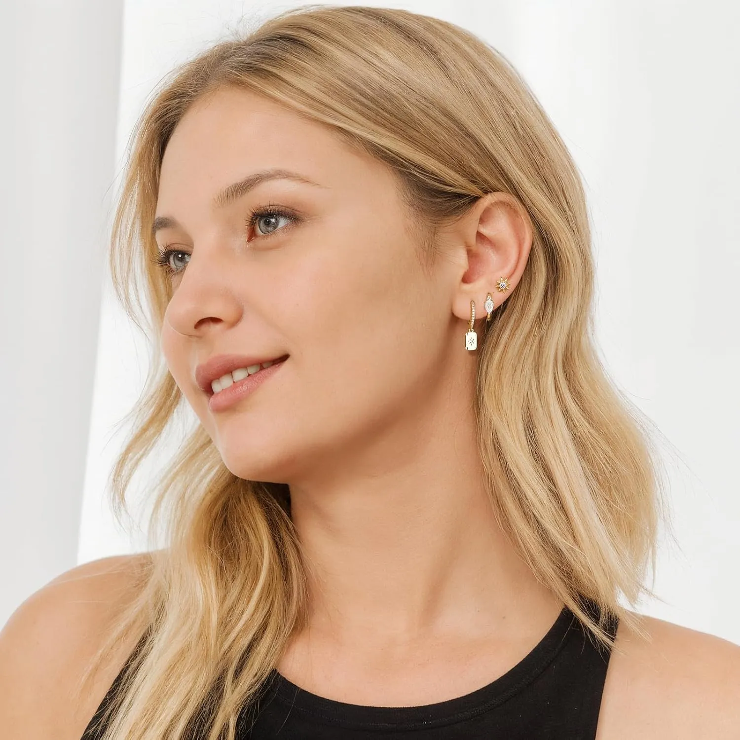 Gold Dangle Earrings Set For Women,14k Gold Plated Square Hoop Earrings Stack,Trendy Earring Sets For Multiple Piercing,Dainty Non Tarnish Star Stackable Earring Jewelry For Sensitive Ears