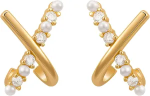 Gold Earrings for Women 14K Gold Plated Dainty Stud Earrings with Zirconia & Pearl, Hypoallergenic & Non Tarnish Trendy Jewelry Gift