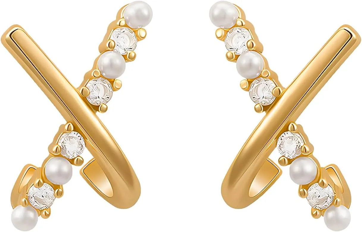 Gold Earrings for Women 14K Gold Plated Dainty Stud Earrings with Zirconia & Pearl, Hypoallergenic & Non Tarnish Trendy Jewelry Gift