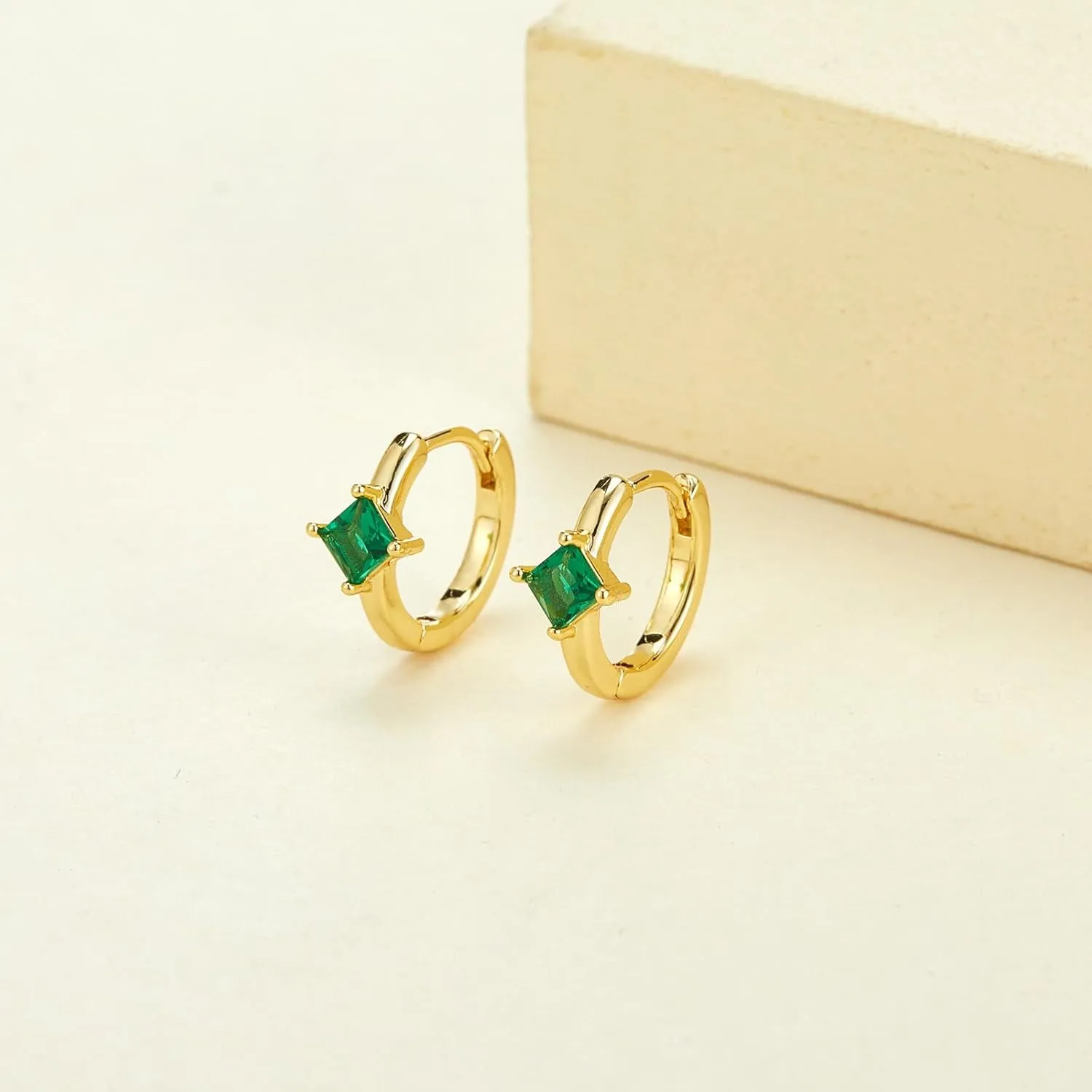 Gold Earrings for Women Trendy Emerald Birthstone Huggie Hoop Earrings 14k Gold Plated with Cubic Zirconia Dainty Small Earring for Birthday Gifts Gold Jewelry
