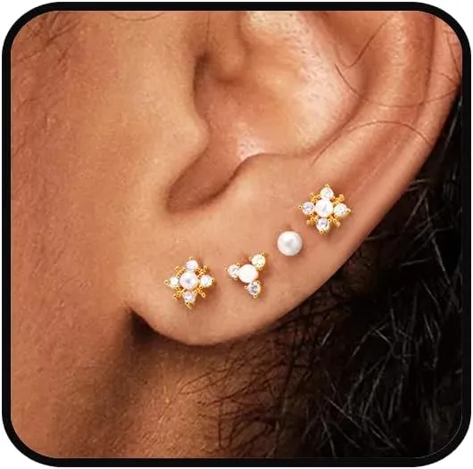 Gold Earrings Set for Women Trendy,18K Gold Plated Stud Pendant Earrings Hypoallergenic,Small Simple CZ Dangle Earrings Stacks