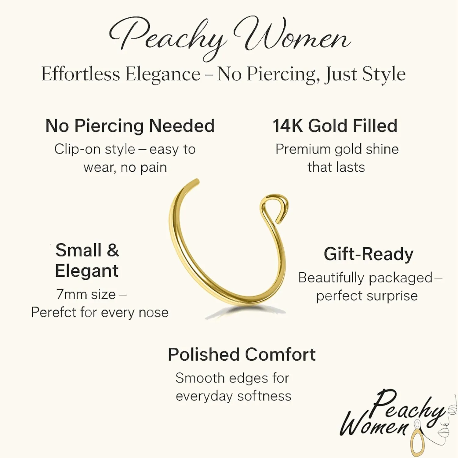 Gold Fake Nose Ring - Thin Tiny 22 Gauge 7mm Faux Nose Piercing Hoop - 14k Gold Filled Clip On Nose Rings For Women - Handmade Nose Cuff Jewelry - No Piercing Needed