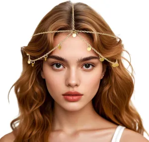 Gold Head Chain, Boho Sequin Head Chain Elegant Exquisite Prom Headpiece Hair Chains Gypsy Accessories for Women Fashion Headband Hair Jewelry for Women and Girls