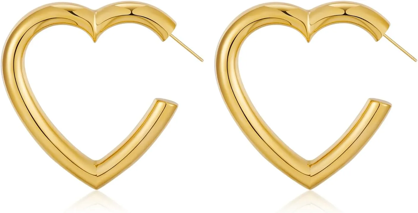 Gold Heart Hoop Earrings for Women 14k Chunky Heart Earrings Trendy Statement Heart Earrings Hypoallergenic Lightweight Heart Hoop Earrings for Women Trendy
