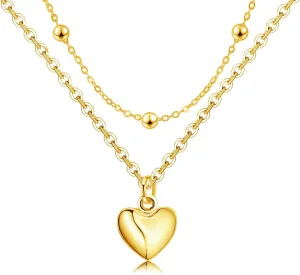 Gold Heart Layered Necklaces for Women - Sterling Silver Adjustable Heart Pendant Necklace Stacked Bead Double Chain Charm Necklace Fashion Gifts for Christmas Birthday for Teen Girls Girlfriend Wife