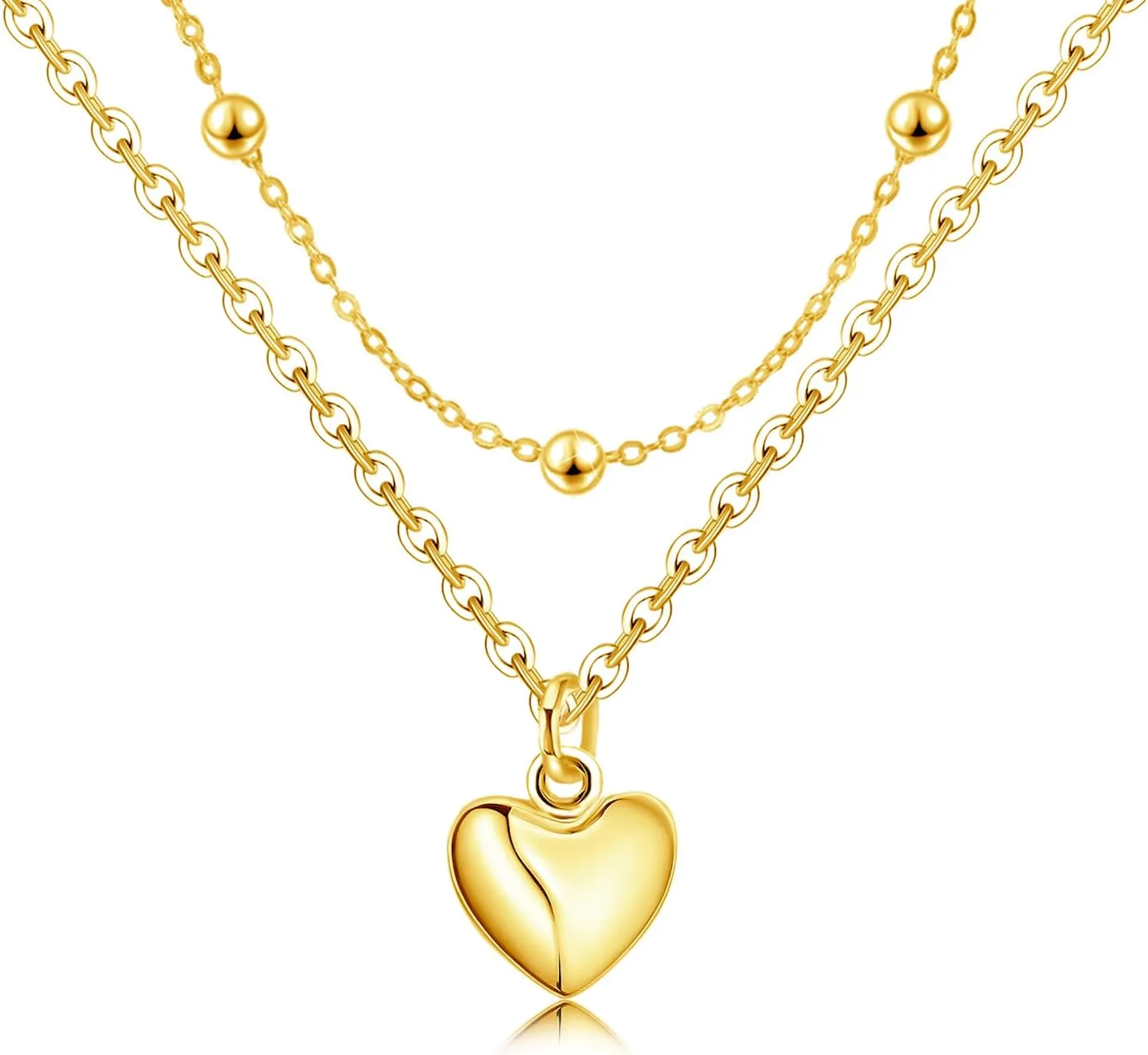 Gold Heart Layered Necklaces for Women - Sterling Silver Adjustable Heart Pendant Necklace Stacked Bead Double Chain Charm Necklace Fashion Gifts for Christmas Birthday for Teen Girls Girlfriend Wife