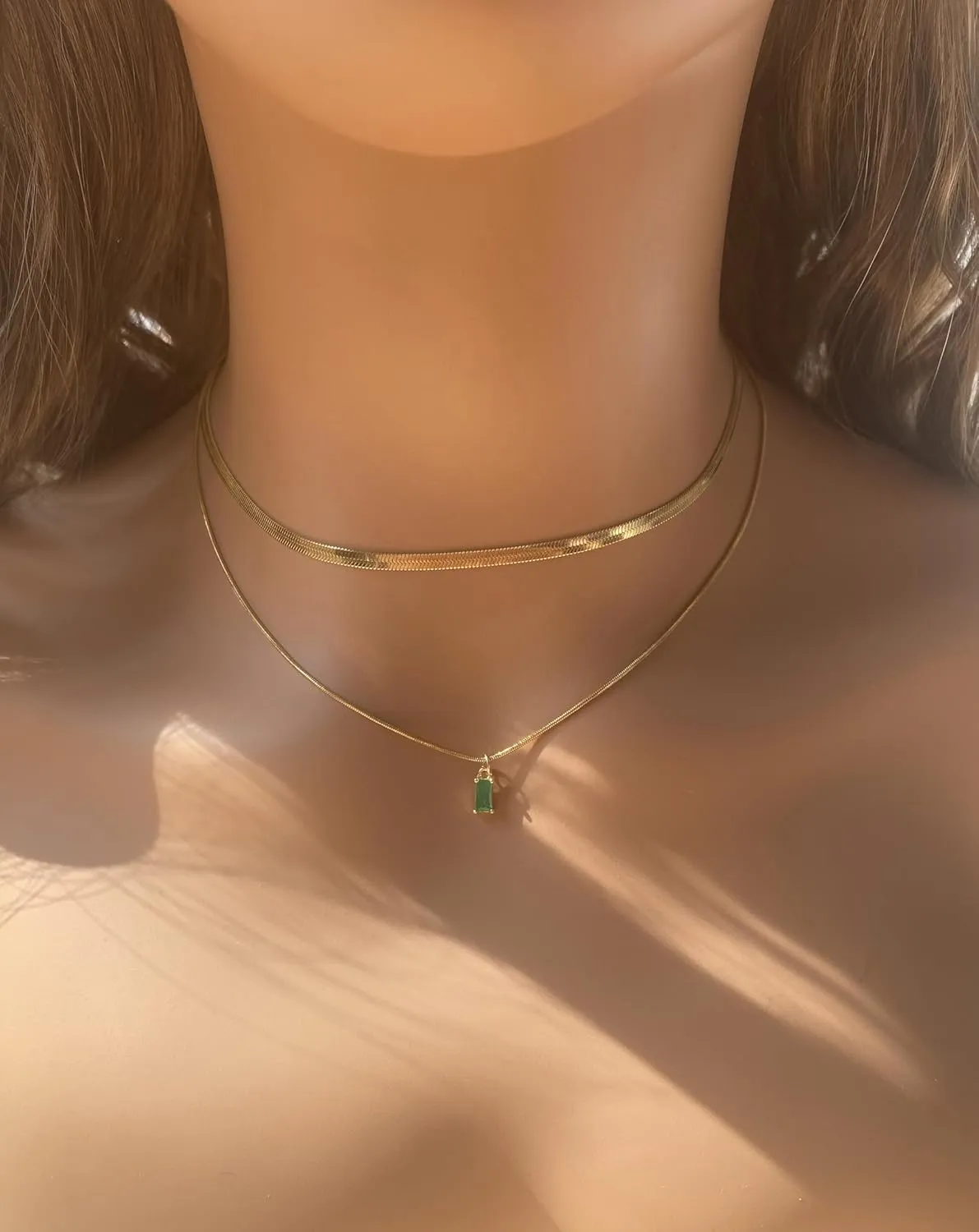 Gold Herringbone Chain Necklace for Women, Dainty Birthstone Pendant on a Stylish Snake Chain Laryerd Necklace