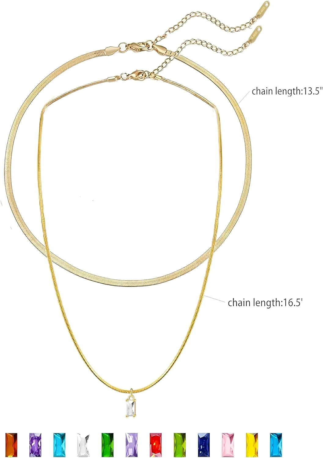 Gold Herringbone Chain Necklace for Women, Dainty Birthstone Pendant on a Stylish Snake Chain Laryerd Necklace