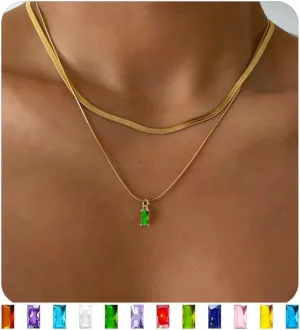 Gold Herringbone Chain Necklace for Women, Dainty Birthstone Pendant on a Stylish Snake Chain Laryerd Necklace
