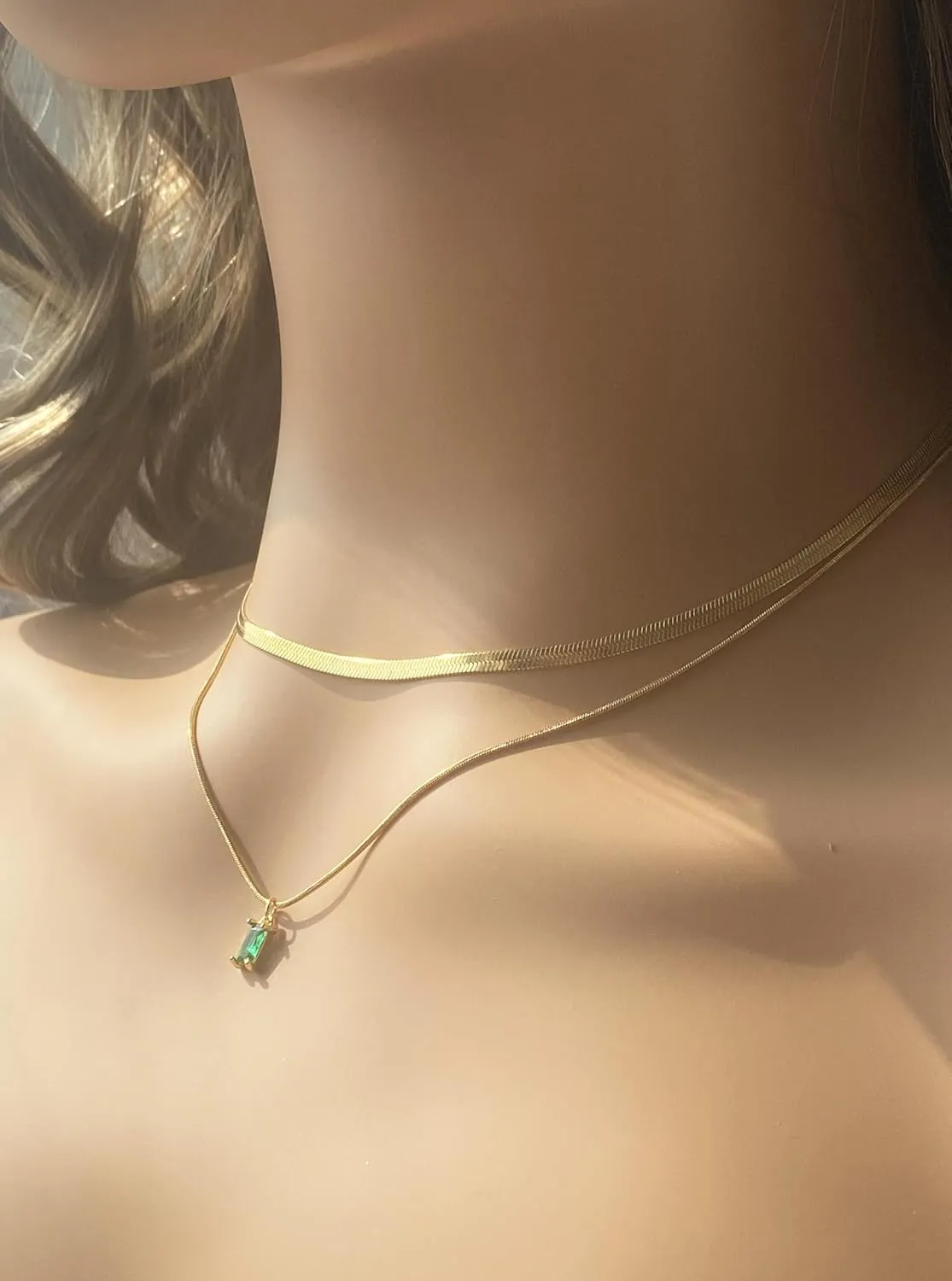 Gold Herringbone Chain Necklace for Women, Dainty Birthstone Pendant on a Stylish Snake Chain Laryerd Necklace