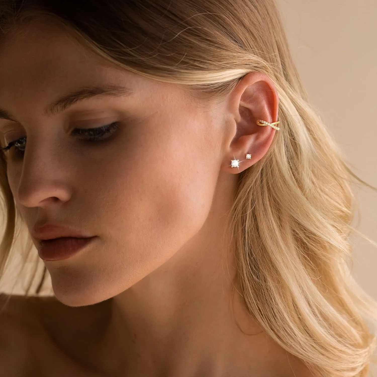 Gold Hoop Earrings for Women, Trendy 14K Gold Stud Earrings Set for Women Dainty Cubic Zirconia Huggie Hoops Small Ear Cuffs Non Piercing Hypoallergenic Earrings Cute Waterproof Gold Jewelry