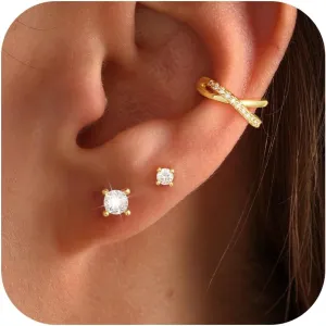 Gold Hoop Earrings for Women, Trendy 14K Gold Stud Earrings Set for Women Dainty Cubic Zirconia Huggie Hoops Small Ear Cuffs Non Piercing Hypoallergenic Earrings Cute Waterproof Gold Jewelry
