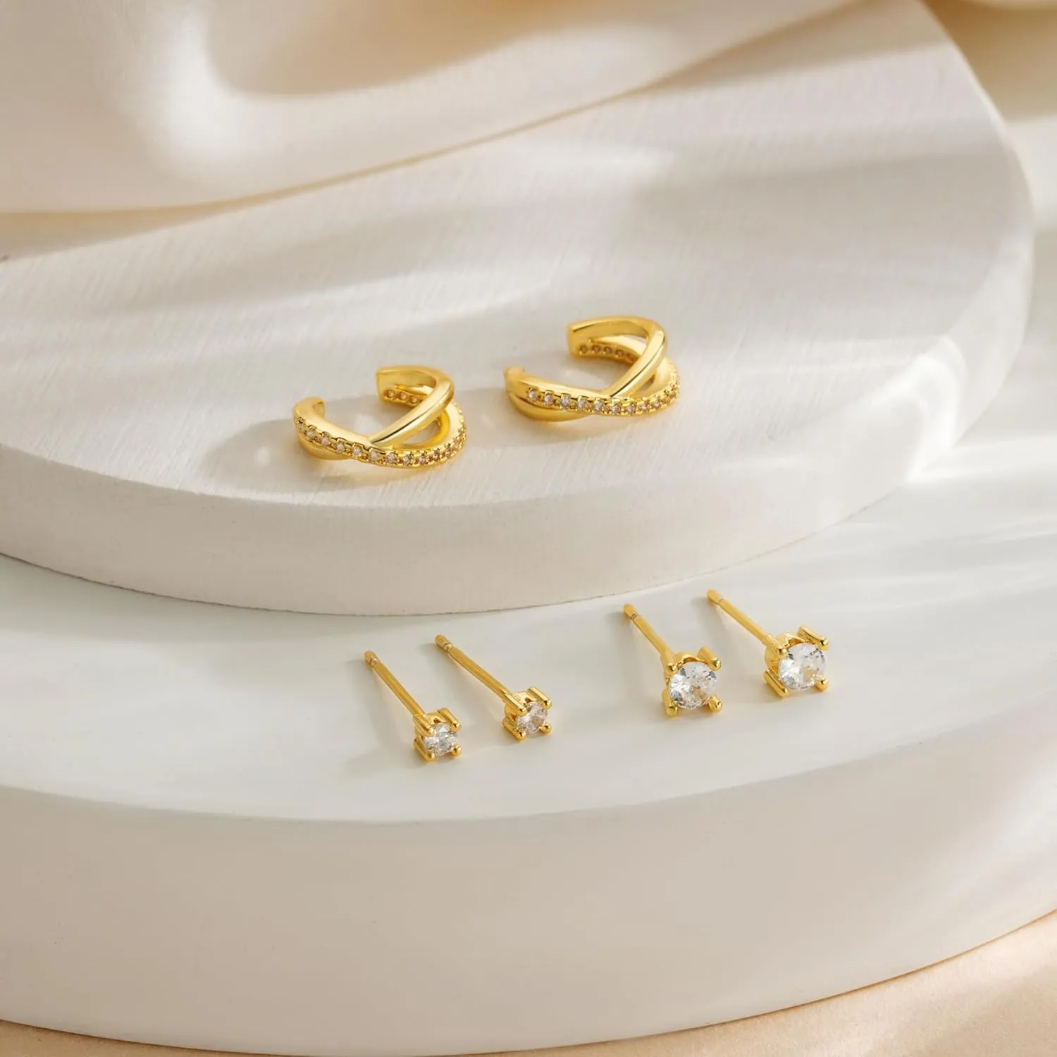 Gold Hoop Earrings for Women, Trendy 14K Gold Stud Earrings Set for Women Dainty Cubic Zirconia Huggie Hoops Small Ear Cuffs Non Piercing Hypoallergenic Earrings Cute Waterproof Gold Jewelry