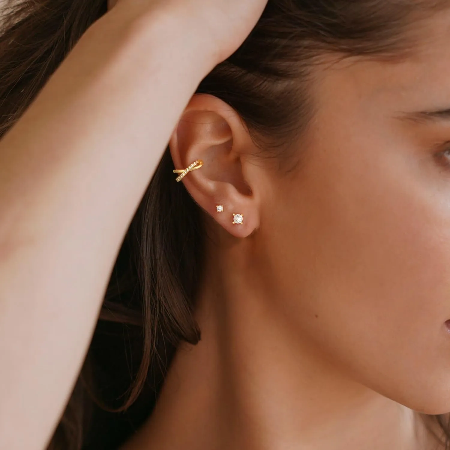 Gold Hoop Earrings for Women, Trendy 14K Gold Stud Earrings Set for Women Dainty Cubic Zirconia Huggie Hoops Small Ear Cuffs Non Piercing Hypoallergenic Earrings Cute Waterproof Gold Jewelry