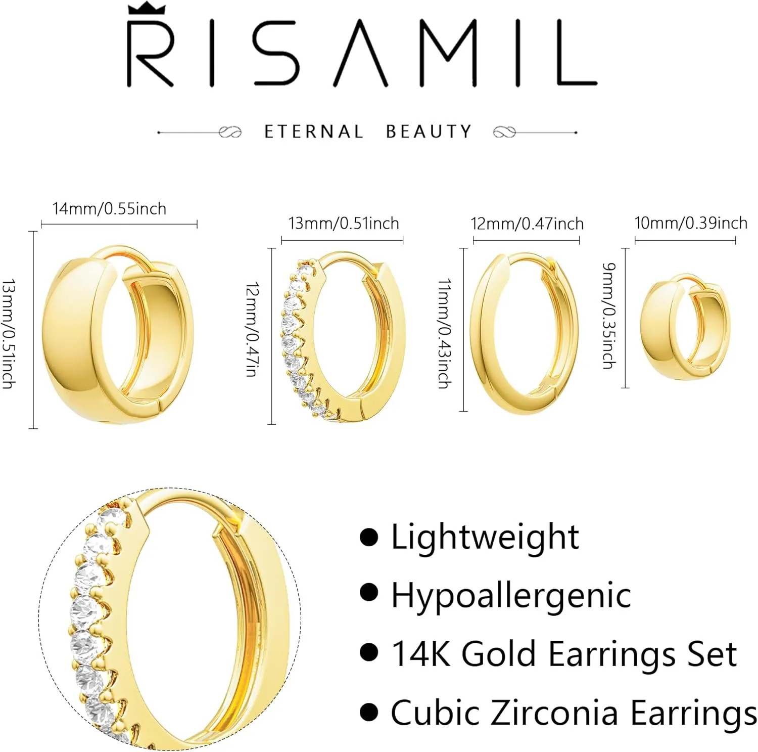 Gold Hoop Earrings - Women's Trendy Hypoallergenic Cubic Zirconia Stud Earrings