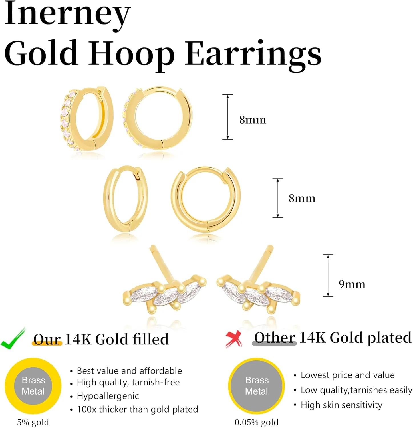 Gold Huggie Hoop Earrings Set for Women, Dainty Small Sterling Silver Earring for Multiple Piercing Hypoallergenic Jewelry, Trendy Twisted CZ Cartilage Earings for Women's Mother Gifts 3Pairs