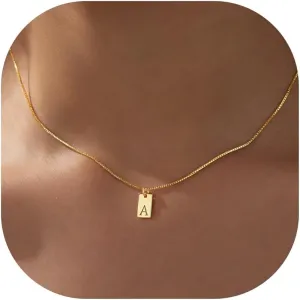 Gold Initial Necklaces for Women Non Tarnish, 14K Gold Plated Dainty Square Letter Pendant Charm Necklace Waterproof A-Z Trendy Thin Chain Name Personalized Jewelry Gifts
