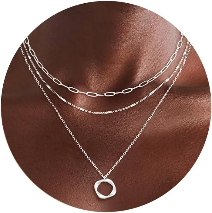 Gold Layered Necklaces for Women,14K Gold/Sterling Silver Plated Stackable Circle Pendant Chain Choker Necklace Trendy Dainty Jewelry for Women