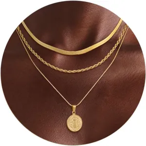 Gold Layered Necklaces for Women,14K Gold/Sterling Silver Plated Stackable Circle Pendant Chain Choker Necklace Trendy Dainty Jewelry for Women
