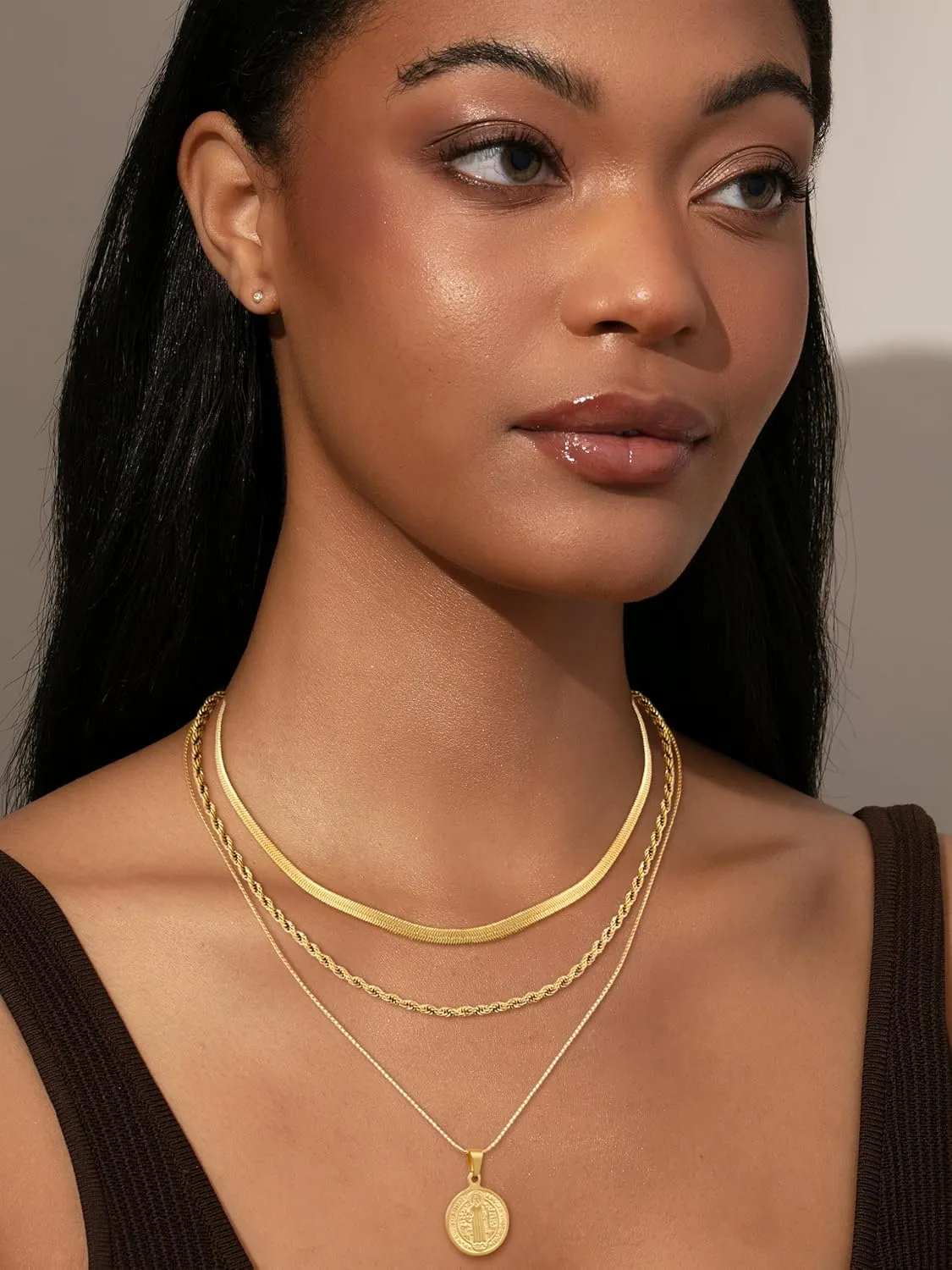 Gold Layered Necklaces for Women,14K Gold/Sterling Silver Plated Stackable Circle Pendant Chain Choker Necklace Trendy Dainty Jewelry for Women