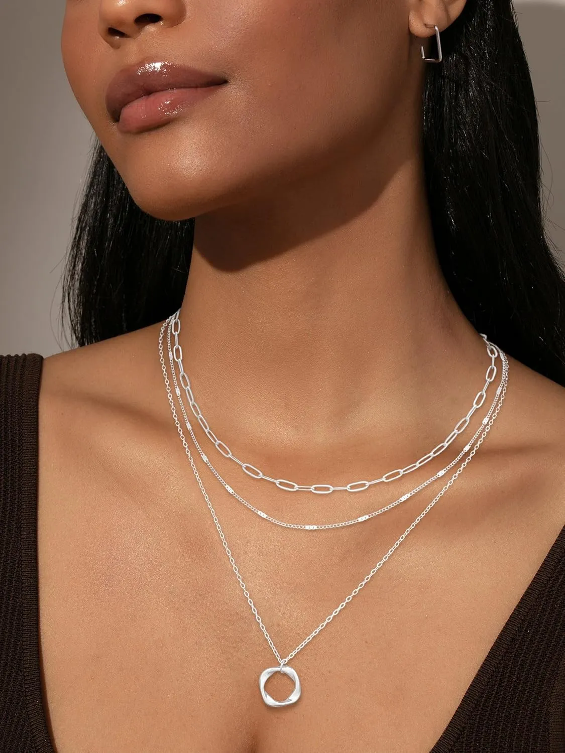 Gold Layered Necklaces for Women,14K Gold/Sterling Silver Plated Stackable Circle Pendant Chain Choker Necklace Trendy Dainty Jewelry for Women