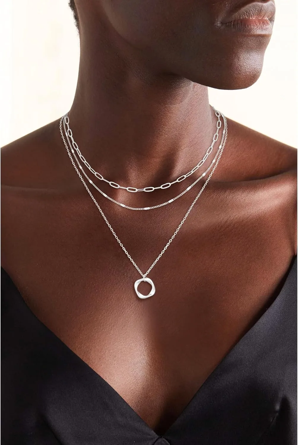 Gold Layered Necklaces for Women,14K Gold/Sterling Silver Plated Stackable Circle Pendant Chain Choker Necklace Trendy Dainty Jewelry for Women