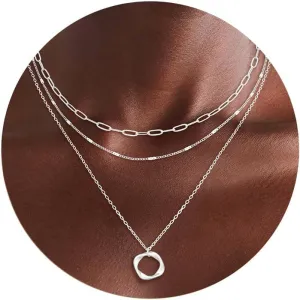 Gold Layered Necklaces for Women,14K Gold/Sterling Silver Plated Stackable Circle Pendant Chain Choker Necklace Trendy Dainty Jewelry for Women