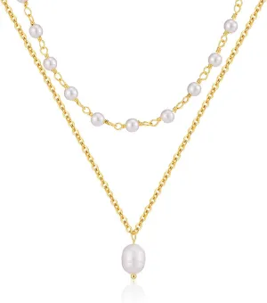 Gold Pearl Necklace for Women, Layered White Pearl Necklaces Trendy Gold Simple Chain Pearl Necklace Wedding Bridal Jewelry Gifts
