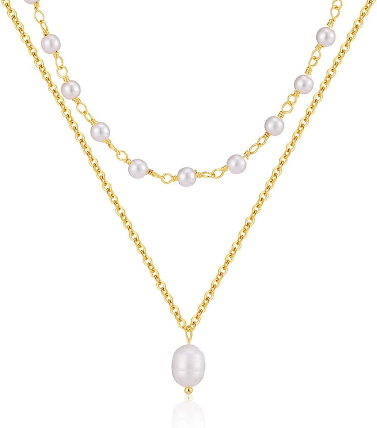 Gold Pearl Necklace for Women, Layered White Pearl Necklaces Trendy Gold Simple Chain Pearl Necklace Wedding Bridal Jewelry Gifts