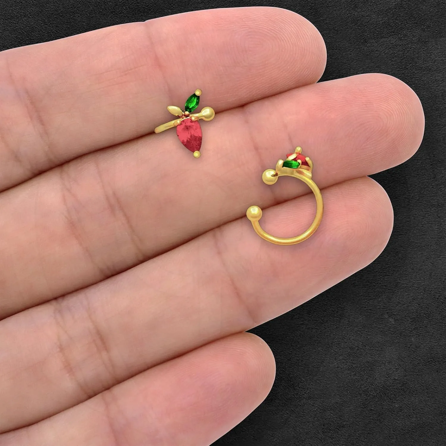 Gold Plated Ear Cuff with Crystal Strawberry, Helix Hoop, Dainty Jewelry, Wrap Around Jacket, Cartilage Clip, Faux Piercing Cuff