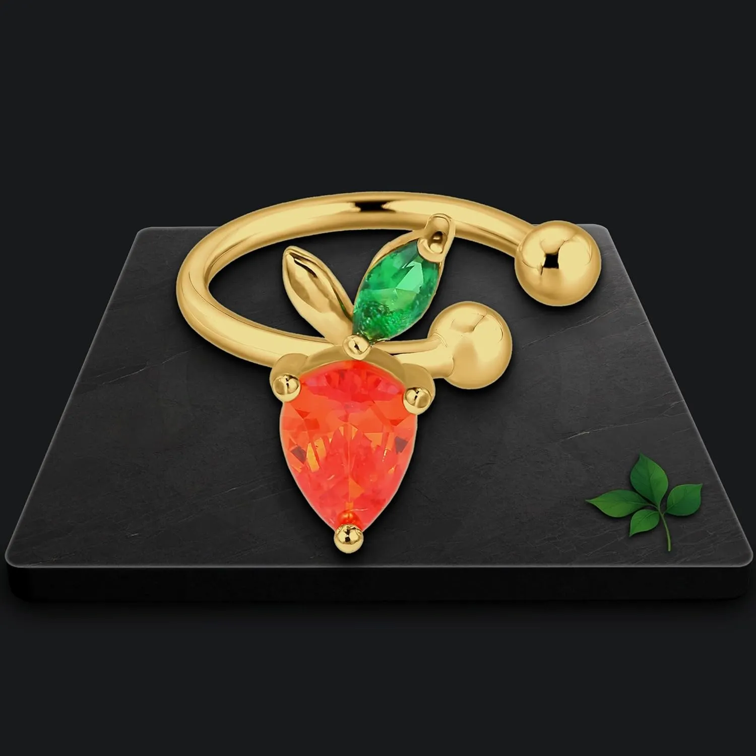 Gold Plated Ear Cuff with Crystal Strawberry, Helix Hoop, Dainty Jewelry, Wrap Around Jacket, Cartilage Clip, Faux Piercing Cuff