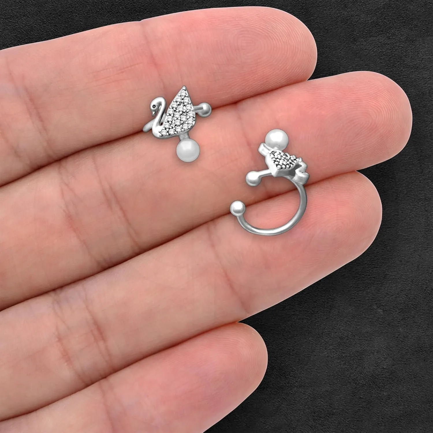 Gold Plated Ear Cuff with Crystal Swan and Pearl, Helix Clip, Dainty Cuff, Non Pierced Jewelry, Faux Piercing Hoop, Cartilage Wrap