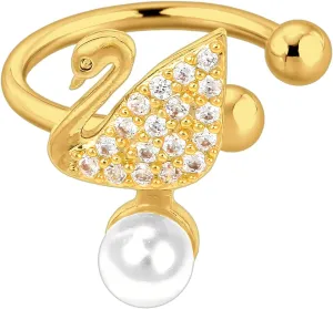 Gold Plated Ear Cuff with Crystal Swan and Pearl, Helix Clip, Dainty Cuff, Non Pierced Jewelry, Faux Piercing Hoop, Cartilage Wrap