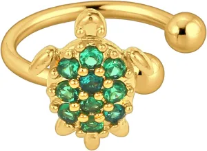 Gold Plated Ear Cuff with Turtle and Green CZ, Conch Hoop, Ear Jewelry, Faux Piercing Wrap, Clip-On Jacket, Non Pierced Clip