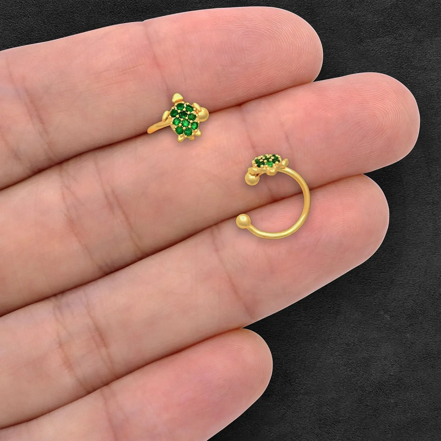 Gold Plated Ear Cuff with Turtle and Green CZ, Conch Hoop, Ear Jewelry, Faux Piercing Wrap, Clip-On Jacket, Non Pierced Clip