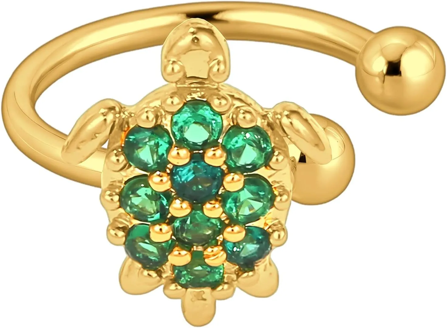 Gold Plated Ear Cuff with Turtle and Green CZ, Conch Hoop, Ear Jewelry, Faux Piercing Wrap, Clip-On Jacket, Non Pierced Clip