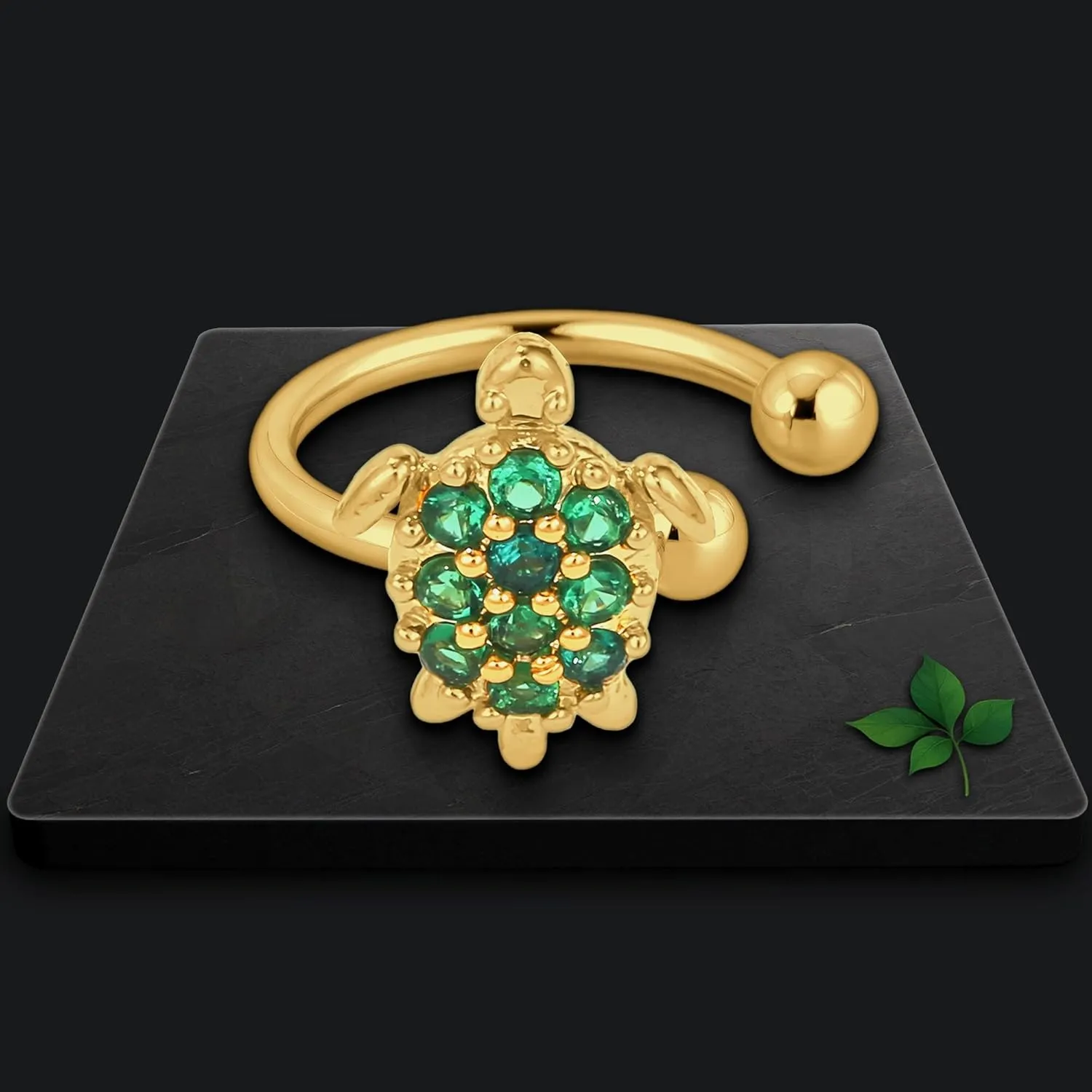 Gold Plated Ear Cuff with Turtle and Green CZ, Conch Hoop, Ear Jewelry, Faux Piercing Wrap, Clip-On Jacket, Non Pierced Clip