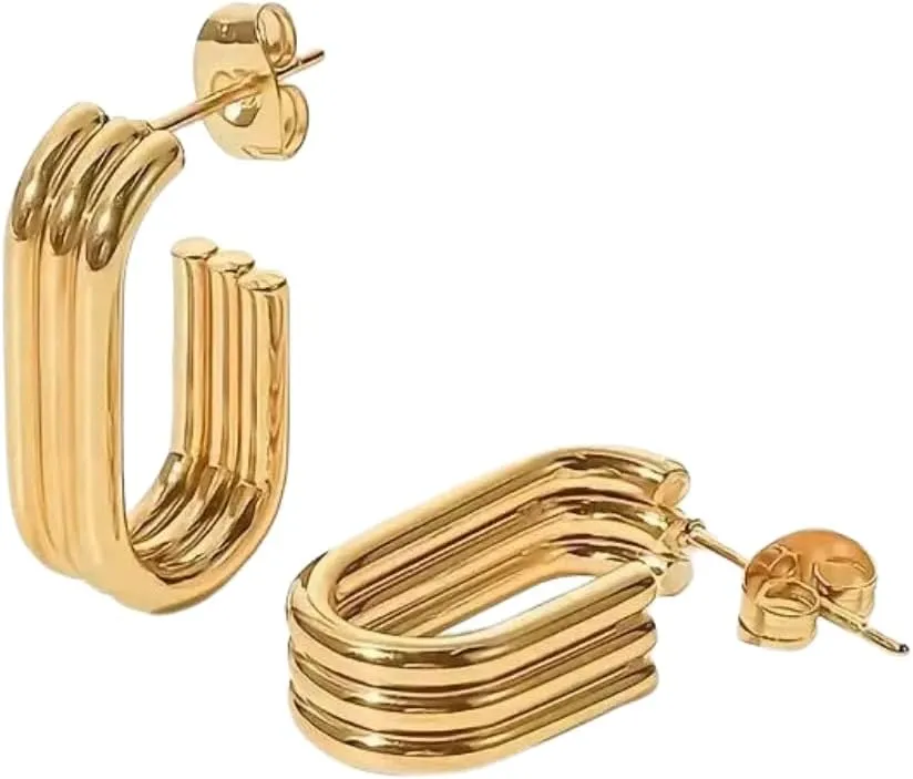 Gold Plated Three-line Geometric Hoop Earrings for Women - Trendy Chunky Minimalist Jewelry, Ideal Gift for females - TikTok Trend - Clean Aesthetic - Stylish Earrings - Fashion Jewelry