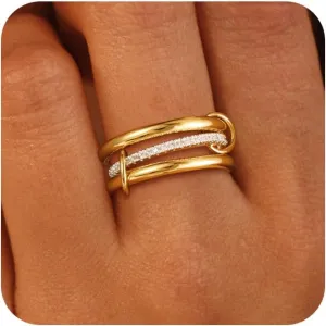 Gold Rings for Women, Stackable 18K Gold Plated Interlocking Rings Set for Women Trendy Stacking Gold/Silver Two Tone Ring Milti-Link Connected Triple Rings Size 6-10 Fashion Jewelry for Women