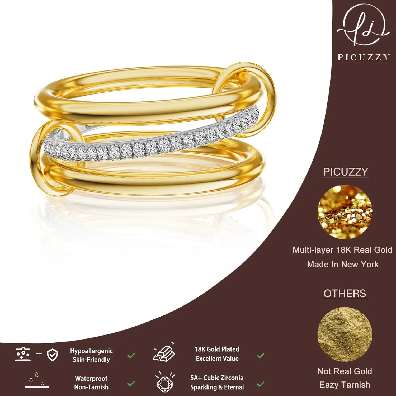 Gold Rings for Women, Stackable 18K Gold Plated Interlocking Rings Set for Women Trendy Stacking Gold/Silver Two Tone Ring Milti-Link Connected Triple Rings Size 6-10 Fashion Jewelry for Women