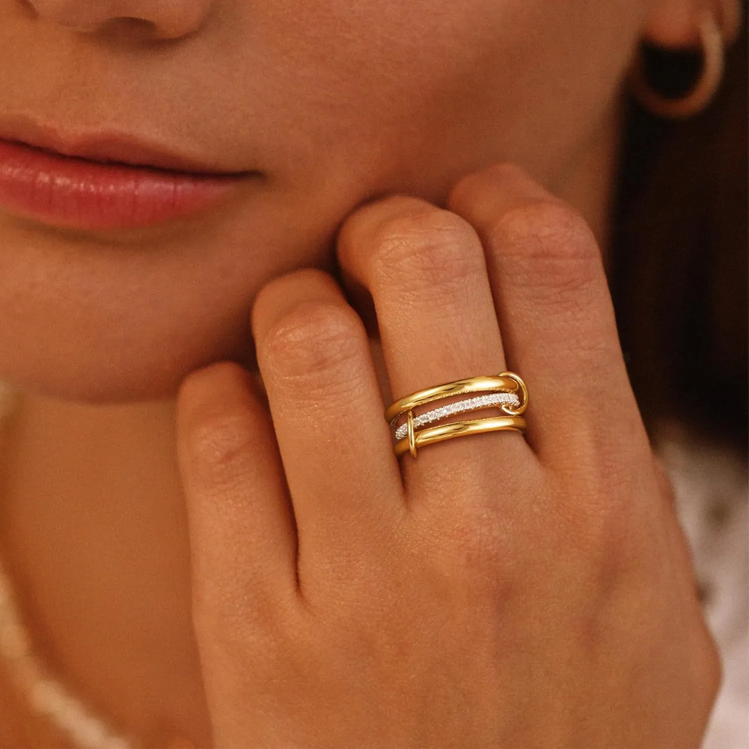 Gold Rings for Women, Stackable 18K Gold Plated Interlocking Rings Set for Women Trendy Stacking Gold/Silver Two Tone Ring Milti-Link Connected Triple Rings Size 6-10 Fashion Jewelry for Women